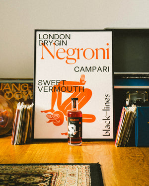 Negroni A2 cocktail print with a bottle of Negroni cocktail placed in front of it