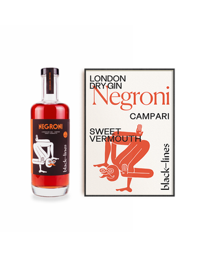 Bottle of Negroni cocktail and A2 cocktail print