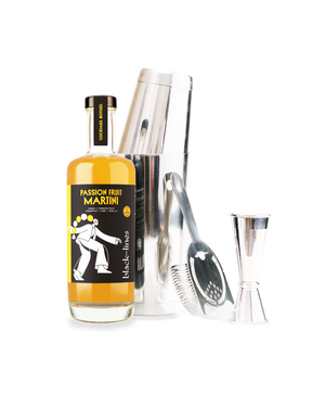 Bottle of passion fruit cocktail and cocktail shaker kit
